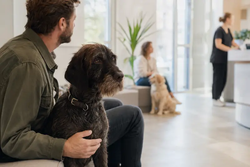 Ein Deutscher Vorstehhund mit stichelhaarigem Fell sitzt ruhig neben seinem Besitzer im hellen Wartezimmer einer modernen Tierarztpraxis.